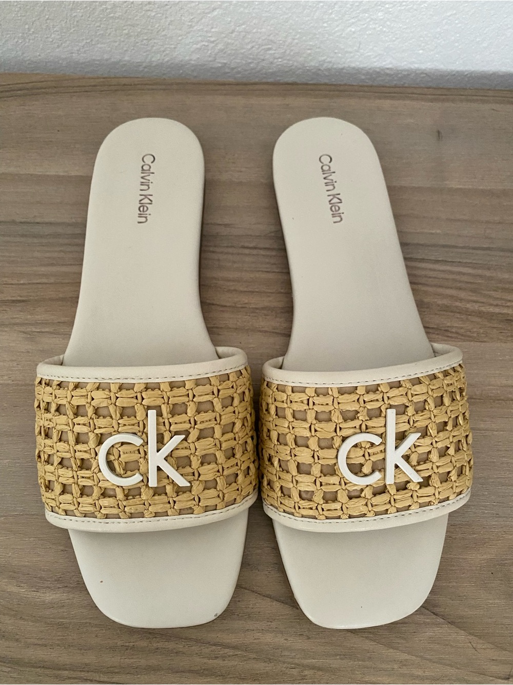 Calvin Klein Cream Slides with Natural Woven Strap